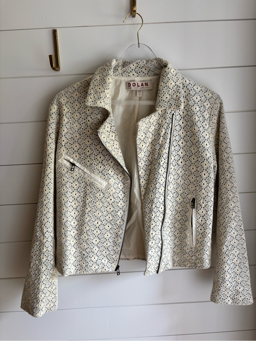 Anthropologie Dolan Eyelet Lace-Style Cream & Black Cropped Moto Jacket